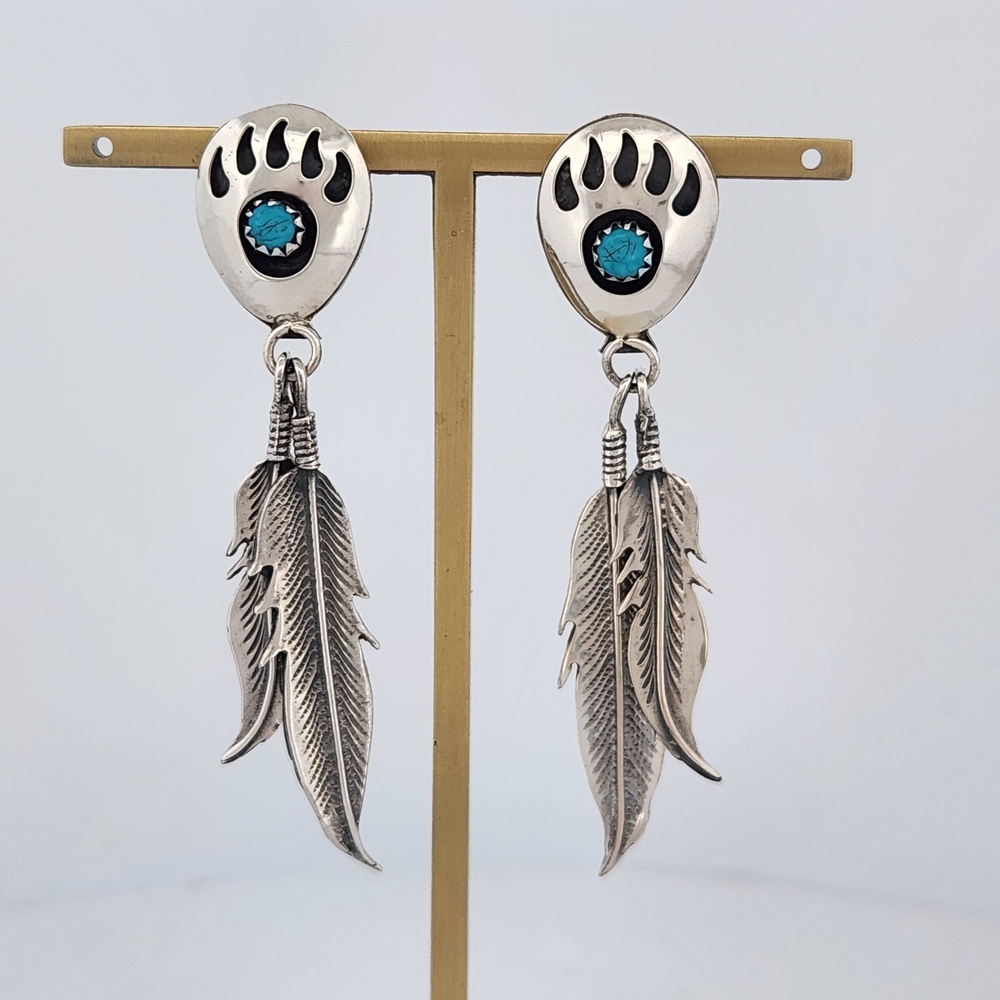 Sterling Silver Turquoise Feather Dangle Bear Paw Post Earrings